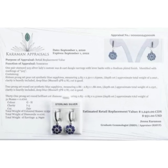 925 Sterling Earrings 16 Blue Sapphire and 31 Round Brilliant Cut Diamonds - Picture 2 of 2